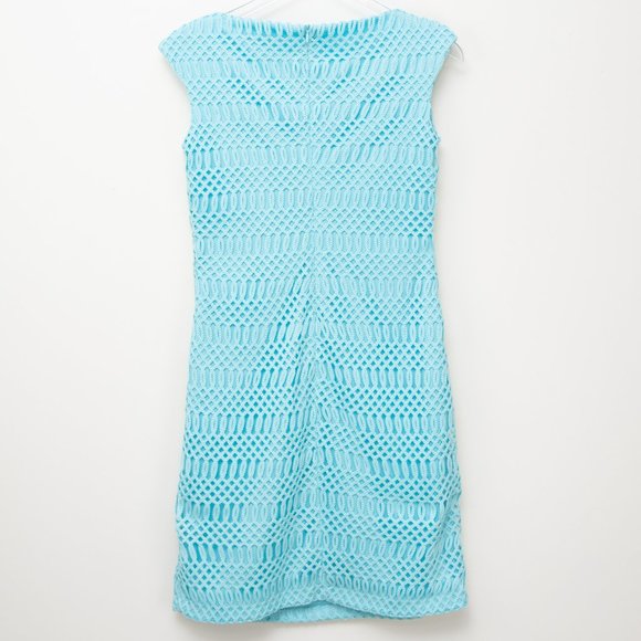 Ralph Lauren Dress Lattice Lace Boat Neck Cap Sleeve Cocktail Midi Blue Size 0 - Picture 2 of 5